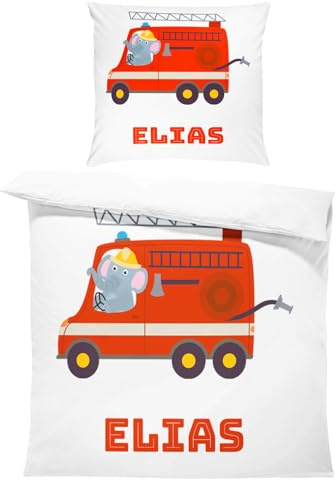 Pictogogo Personalisierte Baby Bettwäsche mit Feuerwehrauto, 80 x 80 cm, Wählbare Unterfarbe aus Baumwolle, Kinderbettwäsche, Bettwäsche Mit Namen, Babybett Komplett Set Mit Reißverschluss