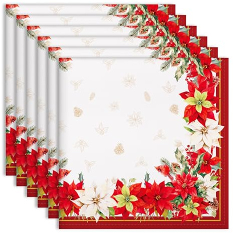Arquiel Servietten Weihnachten Blumen Rot 6er-Set, Stoffservietten 100% Baumwolle Weiches Hochwertige Wiederverwendbare Esstisch Servietten Perfekt für Weihnachten Küche Haushalt Party(45×45cm)