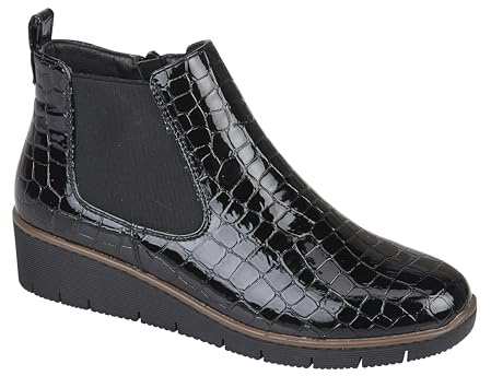 Jo & Joe Ladies Croc Patent Chelsea Wedge Ankle Boot With Side Gusset, Inside Zip For Ease Of Wear & Warm Fur Lining. Sizes 4-8 (Black, UK Footwear Size System, Adult, Women, Numeric, Medium, 8)