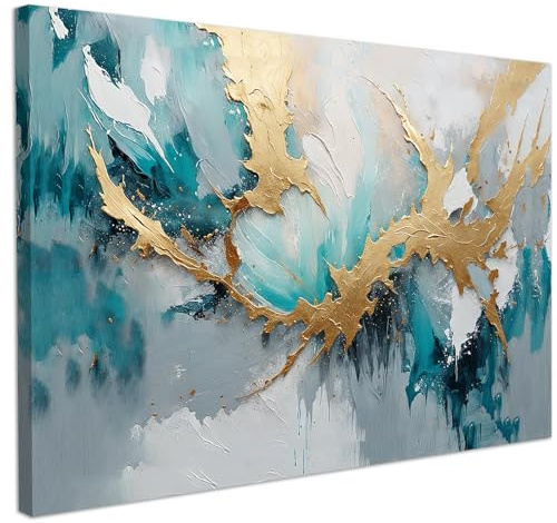 CHDITB Blaue und Goldene Abstrakt Wandbilder,Gemälde Bilder Druck auf Leinwand,Abstrakte Geometrische Wohnzimmer Deko,Abstrakte Gerahmte Leinwand Wandkunst,Blau Wanddeko Schlafzimmer Büro(59x39cm)