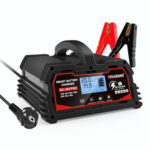 Autobatterie Ladegerät 20A 12V/24V Batterieladegerät Auto Vollautomatisches Intelligentes Erhaltungsladegerät mit LCD-Bildschirm, Ladegeräte für 12v LiFePO4 Batterie - Schwarz