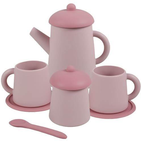 Silicone Tea Party Set, BPA Free Tea Set Toy Cute Toddler Tea Set Tea Party Bath Toy Set for Kids Play Tea Set for Little Girls Play Kitchen Accessories Gift for Kids(Pink)