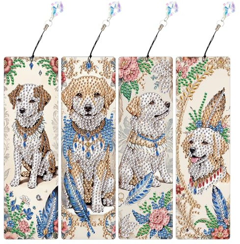 JISHSHAY 4 Stück Diamond Painting Lesezeichen Hund Diamant Painting Lesezeichen Tiere Diamantmalerei Bookmark Diamant Malerei Book Marks Mosaik Bastelset Erwachsene Diamaond Malerei Bookmarks