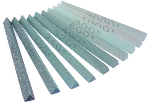LWCUSNJ 10pcs Triangular Sharpening Stone Sticks Set, 5.92inch Green Silicon Carbide Oil Stones, Grit Sizes 80#-3000# for Models, Metal, & Knife Cutting Tools