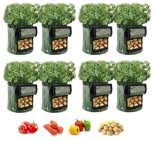 Potato Grow Bags Set 8 Pack 10 Gallon Plant Growing Bags for Vegetables Durable Root Friendly Vegetable Planting Bag with Strap Handles and Access Flap Window for Potatoes, Tomatoes, Strawberry