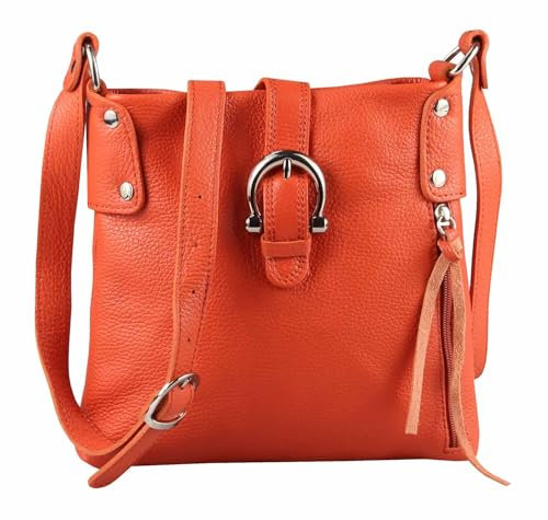 Made in Italy Damen Leder Tasche Schultertasche Crossover Handtasche Umhängetasche Bodybag Abendtasche Crossbody Ledertasche Papaya