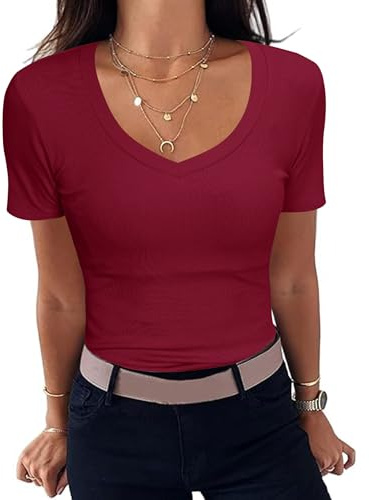 Aottori Top Mujer Manga Corta Cuello en V Ligero Elástico Rojo M
