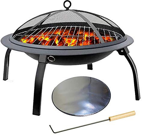 Pozzi del fuoco all'aperto a legna Pozzo del fuoco pieghevole all'aperto, camino a legna, braciere rotondo in metallo con setaccio per scintille, attizzatoio e 24 pollici con copertura, barbecue
