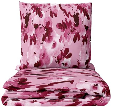 Leonado Vicenti Ropa de cama de franela fina con estampado de flores en rosa y burdeos, 135 x 200 cm y funda de almohada de 80 x 80 cm con cremallera oculta