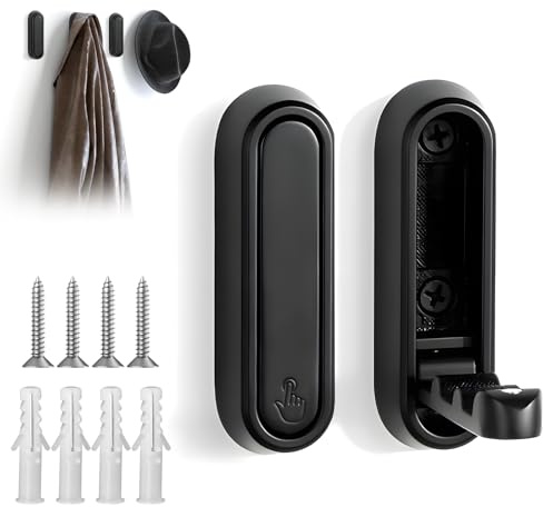 2pcs Foldable Wall Hook, Elliptical Heavy Duty Coat Hooks, Folding Hooks Wall Mount of Zinc Alloy, Non-Slip Wall Hooks for Hanging Coat Bags Backpack Towel for Bathroom Bedroom (Black+Black)