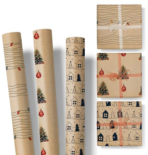 Geschenkpapier Weihnachten im Set – 3 Rollen: 3m lang, 47cm breit – edel und hochwertig – Weihnachtspapier für Erwachsene und Kinder – SET 1 - LICHTERKETTE