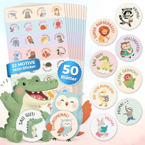 BIROYAL 1600 Tier Belohnungsaufkleber, Motivationssticker, 50 Blatt, 25mm | 32 Muster, Selbstklebende Sticker Lehrer, Deutsch Belohnungssticker, Reward Stickers, Sticker Tiere für Lehrerbedarf