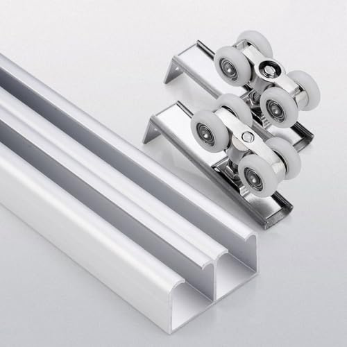 Riel Puerta Corredera Doble de Aluminio Juego de Herrajes Puertas Correderas con Ruedas y Guia 1-6.6 m Kit Puerta Corredera de Armario/Granero/Dormitorio Silencioso y Suave(Blanco,1.8m/5.9ft)