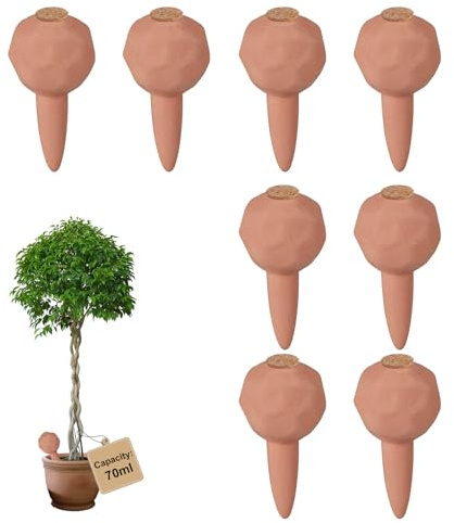 EXLECO 8 × 70ml Terracota Cono Riego Automati con Corcho, Maceta Autorriego, Regadera Plantas para Tiestos Interior, Self Watering por Goteo, Globos de Regar Plantas Vacaciones