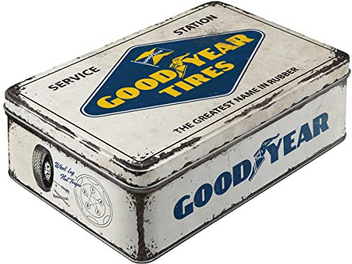 Nostalgic-Art Contenitori di latta retrò piatti, Goodyear – Logo White – Idea regalo per amanti di auto e moto, con coperchio, Design vintage, 2,5 l
