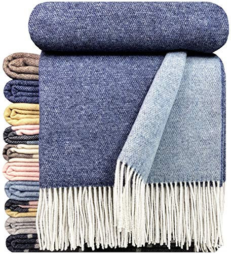 STTS International Couverture en cachemire - 100 % laine mérinos - Cachemire - Mix - 140 x 200 cm - Plaid très doux - Faro (bleu foncé/bleu (double face))