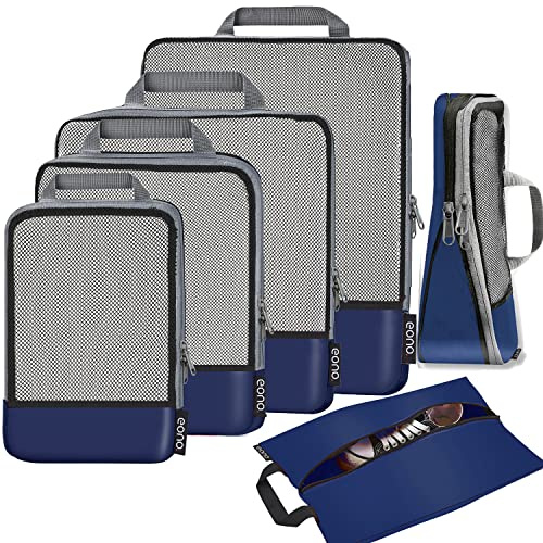 Eono by Amazon - Komprimierbaren Packwürfeln zur Organisation Ihres Reisegepäcks, Compression Packing Cube, Packtaschen Set & Gepäck Organizer für Rucksack & Koffer, Navy, 6-teilig