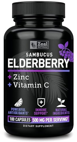 Zeal Naturals Max Strength Elderberry Capsules - 500mg, 100 Capsules | Sambucus Black Elderberry, Vitamin C, and Zinc | 3-in-1 Immune Support Supplement for Adults