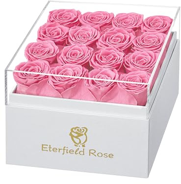 Eterfield Forever Flowers Preserved Roses Real Roses that Last Over a Year Rose Box Gifts for Her Mothers Day Valentines Day Christmas (Square White Box, 16 Pink Roses)