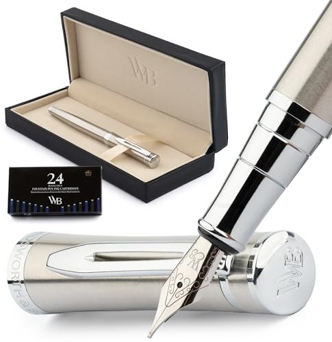Wordsworth & Black Füllfederhalter Set, mittlere Spitze, inklusive 24 Tintenpatronen und Kolbenkonverter, Geschenkbox, Kalligraphie, glattes Schreiben, versilbertes Chrom