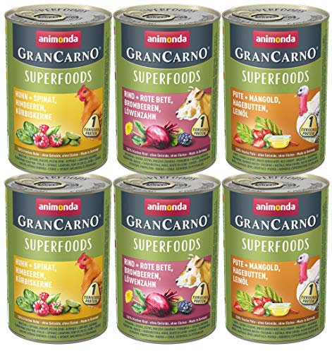 animonda GranCarno Hunde Nassfutter Superfoods Variation (6 x 400g), getreidefreies Hundenassfutter ohne Zucker, für ausgewachsene Hunde, mit frischen fleischigen Zutaten