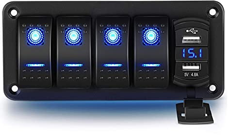 RUIZHI 4 Gang Panel de Interruptores Basculantes 12V/ 24V Interruptor de la Palanca con Enchufe de Cargador USB Rocker Switch para Coche Barco