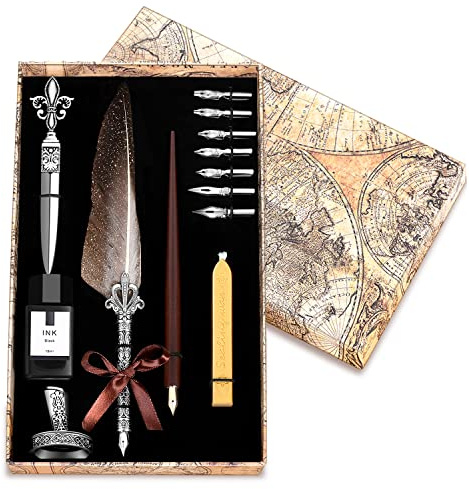 NOPOINO Vintage Quill Pen Ink Set,Feather Quill Pens with Wooden Calligraphy Pen, Including 7 Different Sizes of Nib, Calligraphy Pen Set Gift & Women and Man(Grey)