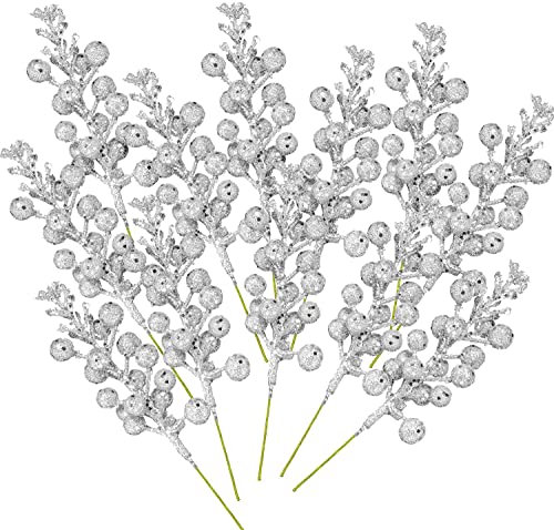 LATERN 14Pcs Christmas Glitter Berries Stems, 19CM Artificial Christmas Picks Simulation Holly Berries Pine Branch for Christmas Tree Ornaments, DIY Xmas Wreath, Holiday and Home Decor (Silver)