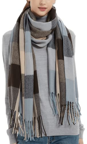 Wander Agio Womens Fashion Long Shawl Big Scarves Grid Winter Warm Large Plaid Scarf Blue Brown 9