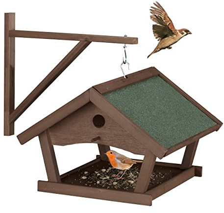 Relaxdays Vogelfutterhaus Holz, Futterhaus zum Aufhängen, HBT: 35x42,5x40,5 cm, Futterstelle für Wildvögel, dunkelbraun