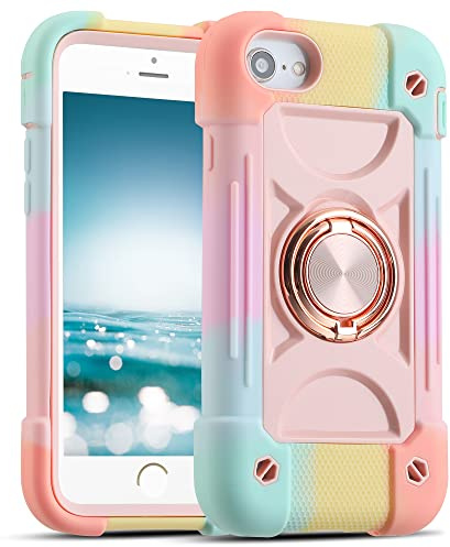 MARKILL Kompatibel med iPhone Se3/iPhone Se2, iPhone 6/6S skal, iPhone7/iPhone8 fodral 4,7 tum med ringstativ, kraftig militärkvalitet stöttåligt telefonskydd för barn flickor. (Regnbågsrosa)