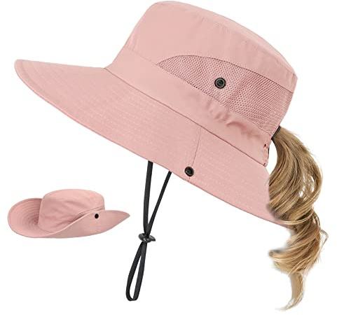 Kids Sun Hat with Ponytail Hole UV Protection Wide Brim Summer Beach Bucket Cap Fishing Hat for Girls Pure Pink
