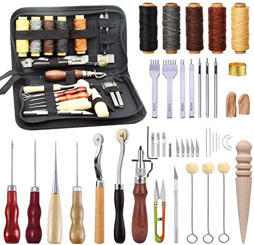 Leather Tools for Working Professional,Leather Working Tools for Beginners, Kit with Waxed Thread Stitching Groover Awl Sewing Needles for Adults Gifts