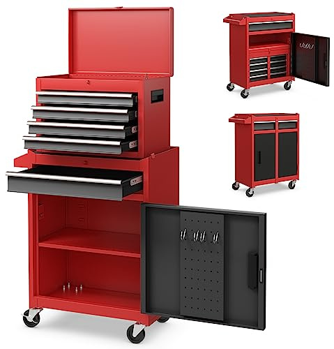 TANGZON Rolling Tool Chest Combo, Heavy Duty Lockable Tool Cabinet with Wheels, 5 Drawers, Adjustable Shelf, Hooks & Side Handle, 2-In-1 Detachable Tool Cart Trolley for Workshop Garage (Black+Red)