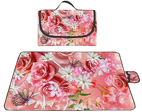 Picknickdecke 200x300cm,XXL Picknickdecke mit Wasserdichter Unterseite,Outdoor Stranddecke Sandfrei,mit Tragegriff Faltbare Picnic Blanket für Camping,Strand,Familie,Konzerte Rosa Rose Schmetterling
