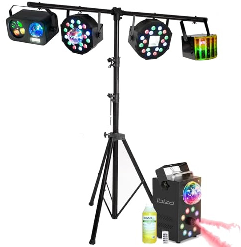 Générique Pack Lumières PARTY - Pied support - 2 Projecteurs PAR-ASTRO STROBE - Effet Derby - Effet 3-en-1 Gobo Strobe Astro - Machine Fumée