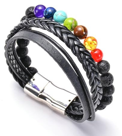 Beydodo Perlenarmbänder 21CM, Leder Armband Herren Chakra Multilayer 8MM Bunt Naturstein Lederarmband Schwarz mit Magnetverschluss Charm Armbänder für Männer