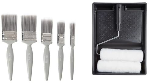 Harris Essentials Walls & Ceilings Paint Brush Set | Pack of 5 | 0.5, 1, 1.5, 2 & 101092005 Essentials Walls & Ceilings Twin Set | 1 x Tray, 1 x Frame, 2 x Roller Sleeves | 9