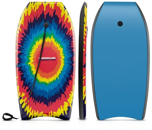 Goplus 41''/37''/33'' Lightweight Body Board for Beach, Surf Board with EPS Core, XPE Deck, HDPE Slick Bottom, Wrist Leash, Bodyboard for Kids Adults Surfing (Colorful Explosion, 41 Inches)