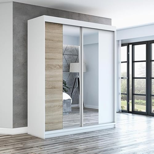 A&J MöbelLand Schwebetürenschrank ELEGANZA Kleiderschrank 2-türig mit Schubladen und Spiegel, Garderobe 180 cm (Weiß/Sonoma)