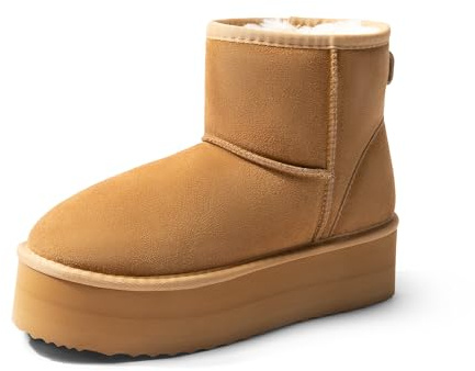 DREAM PAIRS äkta mocka klassiska plattformsstövlar för kvinnor vattentåliga luddiga klassiska ankelvinter snö låga stövlar med gör-det-själv-rosetter fuskpäls foder minnesskum halkskydd, Kastanj, 43