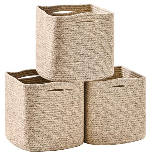 ICERZCZ 11 Inch Cube Storage Bins, Storage Cube Organizer Bins, Woven Cotton Rope Baskets for Storage, Storage Basket for Organizing Shelves, Square Baskets for Toys Nursery, Brown (Pack of 3)