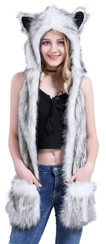 OhMill - Bufanda con capucha de piel sintética para mujer, bufanda larga, cálida de piel, con capucha, cálida, bufanda con cuello de bufanda y abrigo térmico para invierno, clima frío, blanco, Talla