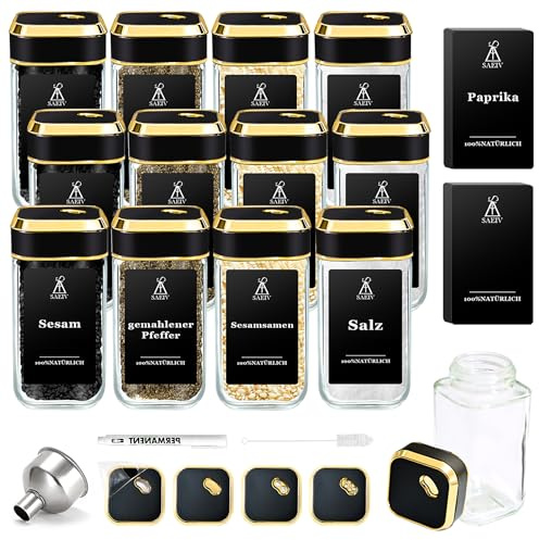 SIAZIH Kryddströare med ädelt lock i svart guld, kryddburkar i guld (12 x 120 ml), kryddbehållarset, kryddburkar, glas för ordentlig förvaring av kryddor