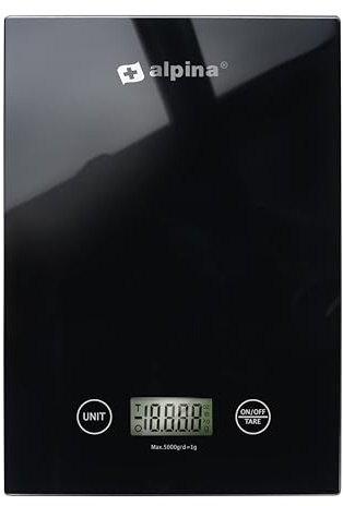 alpina Küchenwaage Digital - Küchenwage in g, lb, oz und ml - Präzision Wage mit Tara-Funktion - Küchenzubehör - 22 x 15,5 cm - Schwarz