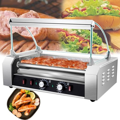 LJLAO Macchina per Hot Dog - Tipo A Tamburo (5-11 Tubi), Regolabile da 0℃ A 250℃, Coperchio in Vetro Trasparente - Osservazione A 360°, Tamburo in Acciaio Inossidabile, Fondo Antiaderente,9tubes