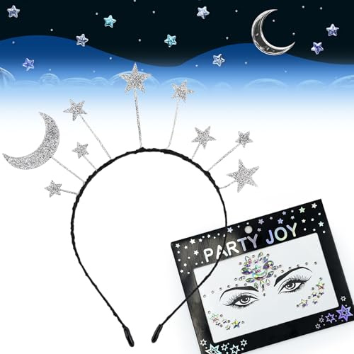 FUKPO Cerchietto per capelli Carnevale da donna, set con brillantini, luna, stelle, ragazze, bambini, bianco, argento, stella argentata, strass per viso, gemme e stelle, tatuaggi temporanei colorati
