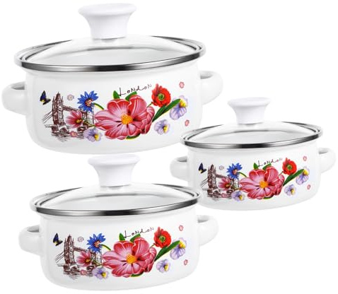 Amosfun 3pezzi Pentole Mini Smaltate con Fondo Piatto Adatte Fornelli Elettrici e Induzione per Zuppe Latte Noodles Istantanei e Alimenti per Manici Ergonomici Antiscivolo