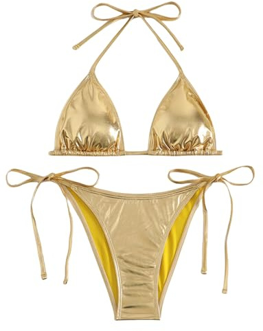 SEAUR Metallisk bikini för kvinnor tvådelad sexig trekantig High Cut stringtrosor baddräkt med string halterneck toppar badmode, L