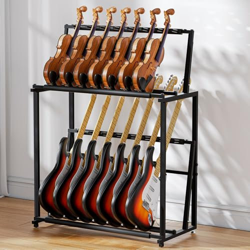 Multi-Gitarrenständer, zusammenklappbar, für 14 Stehgitarren aus Metall, mit verstellbarer Höhe, Gitarrenaufbewahrungshalter mit weichem Schwamm, abnehmbar in zwei separate Gitarrenhalterungen.